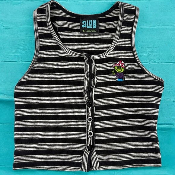 A.LAB Striped B&W Crop Tank Top Button Up Embroidered Alien Small - Picture 1 of 6